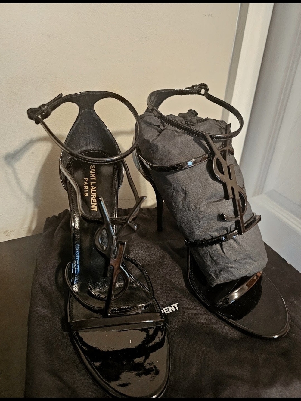 Saint Laurent Black Patent Leather YSL Logo Ankle-Strap Heels - Picture 1 of 6